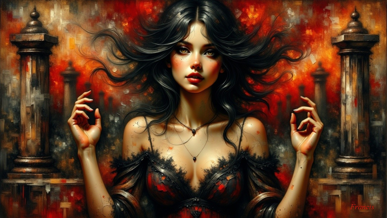 Striking Woman in Red Dress Against Fiery Background