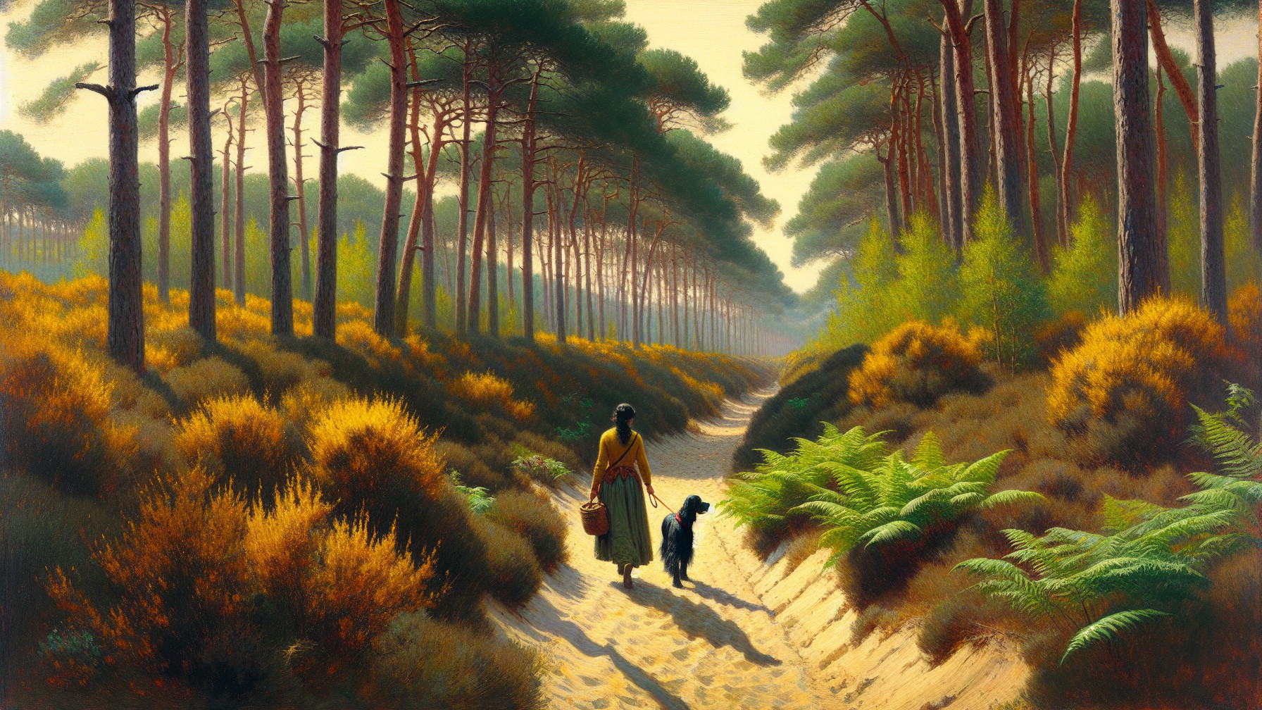 Serene forest scene with woman walking dog on path