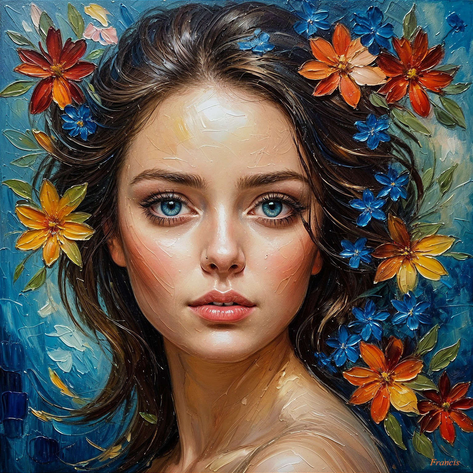 Portrait of a Young Woman with Blue Eyes and Flowers