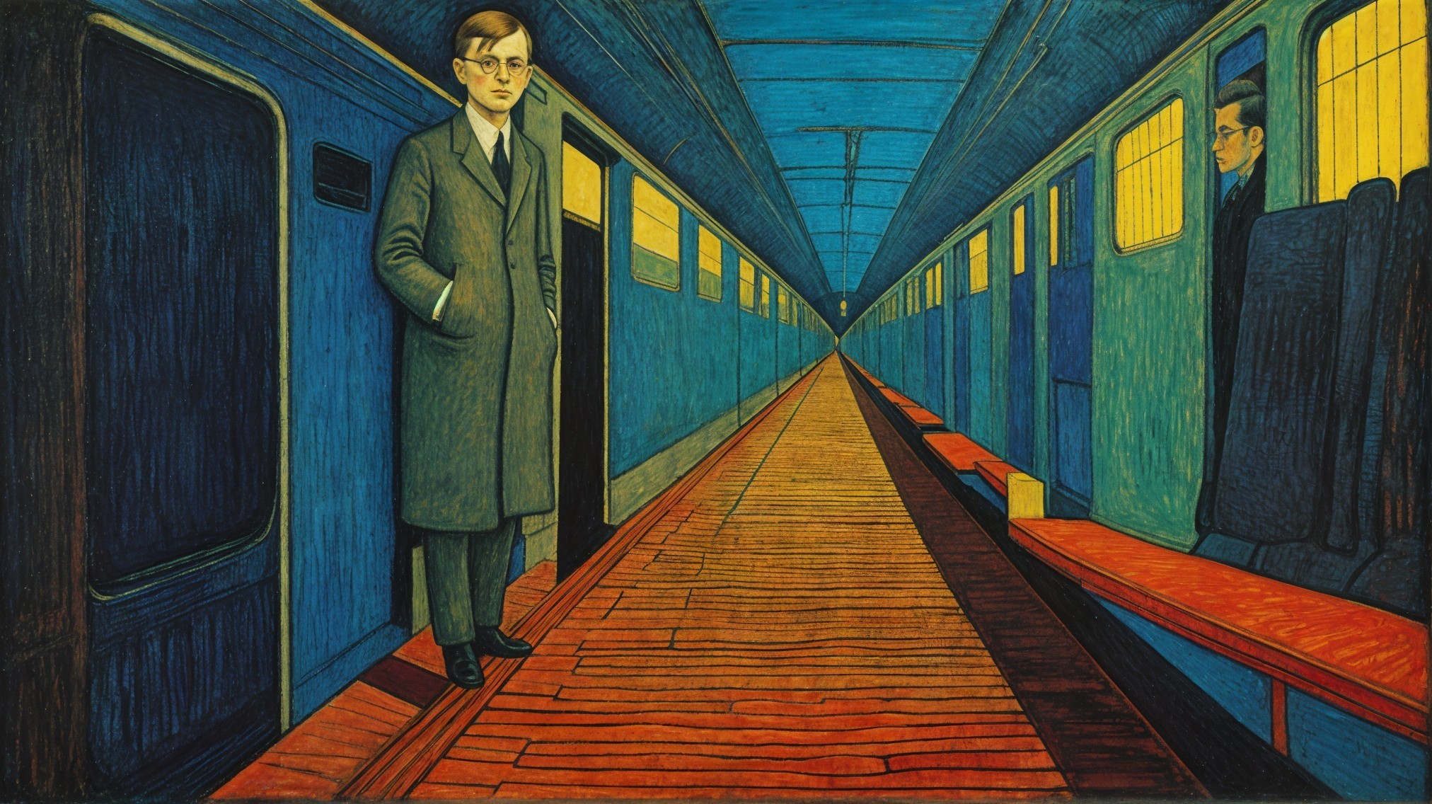 Vibrant Train Interior with Figures in Shadows