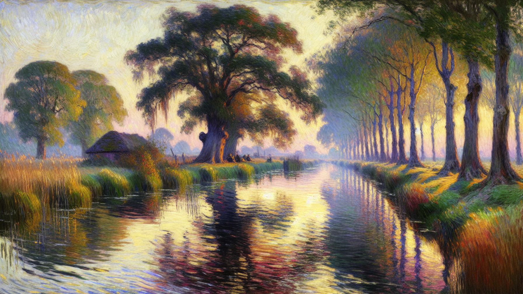 Tranquil River Landscape at Dawn with Majestic Trees