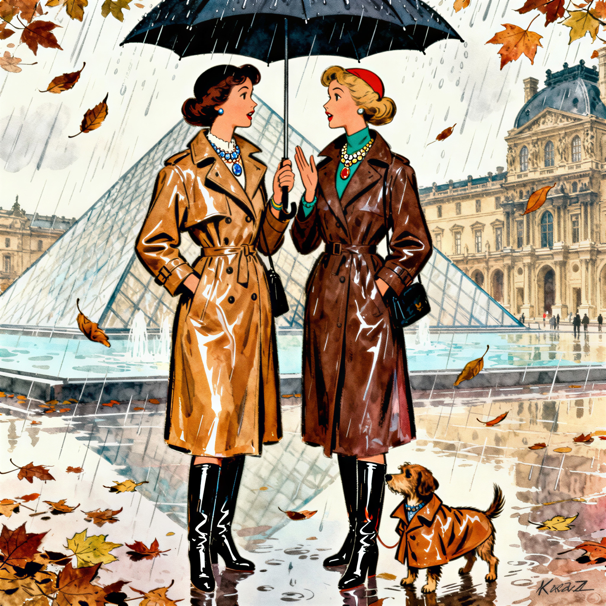 Stylish Women in Trench Coats Under Umbrella at Louvre