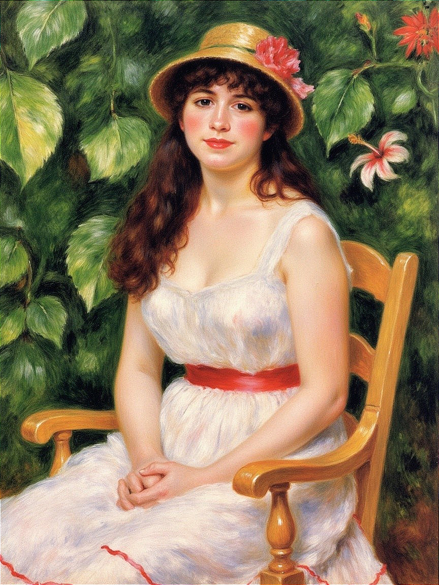 Young Woman in White Dress Surrounded by Greenery