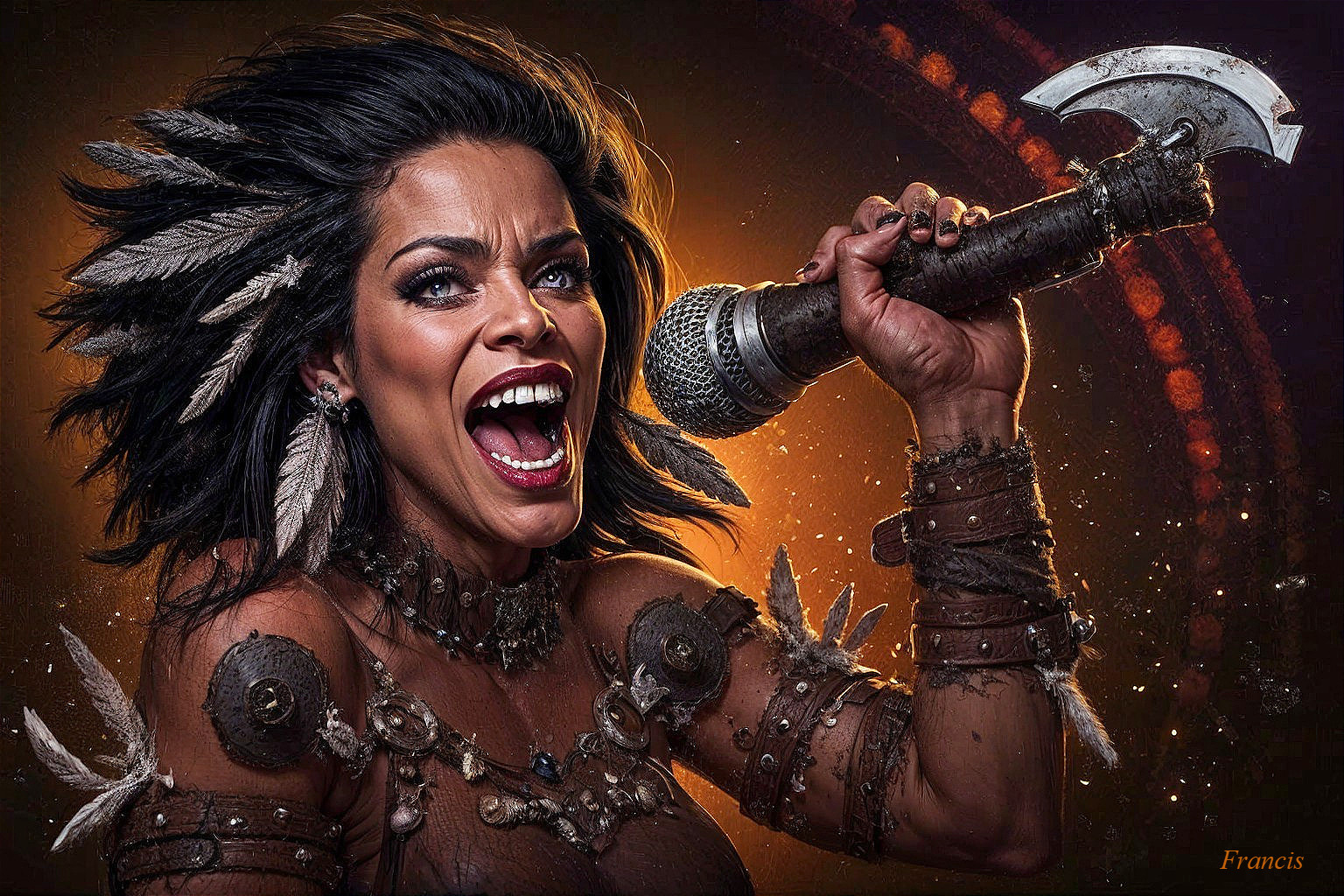 Fierce Woman in Tribal Armor Holding Microphone