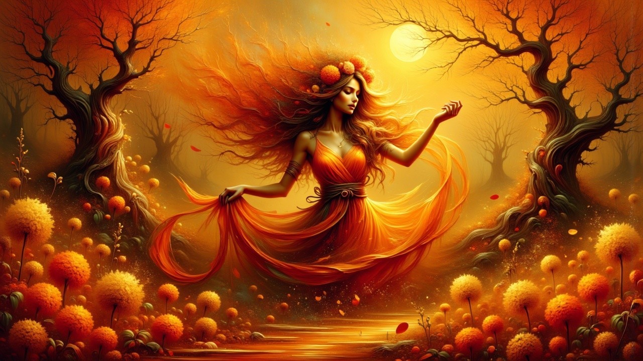 Autumn Landscape with Woman in Orange Gown and Trees