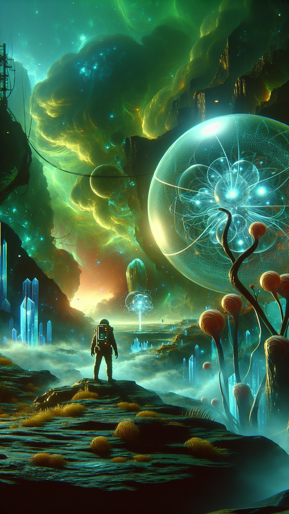 Astronaut in a Vibrant Alien Landscape with Crystals