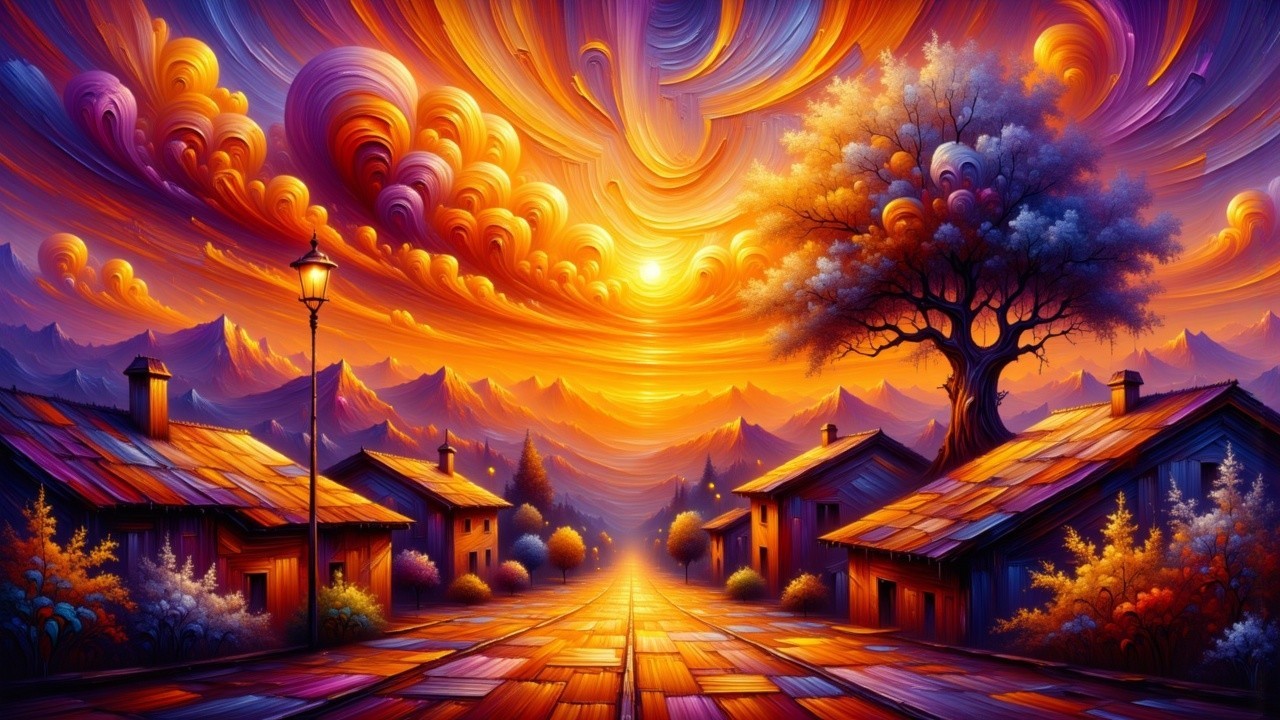 Vibrant Sunset Over a Serene Village Landscape