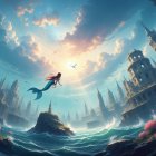 Mermaid in Underwater World with Sunlight and Castles
