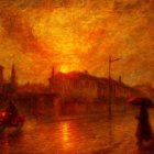 Golden Sunset Over Rainy Street with Silhouetted Buildings