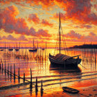 Tranquil Sunset Over Calm Waters with Silhouetted Boats