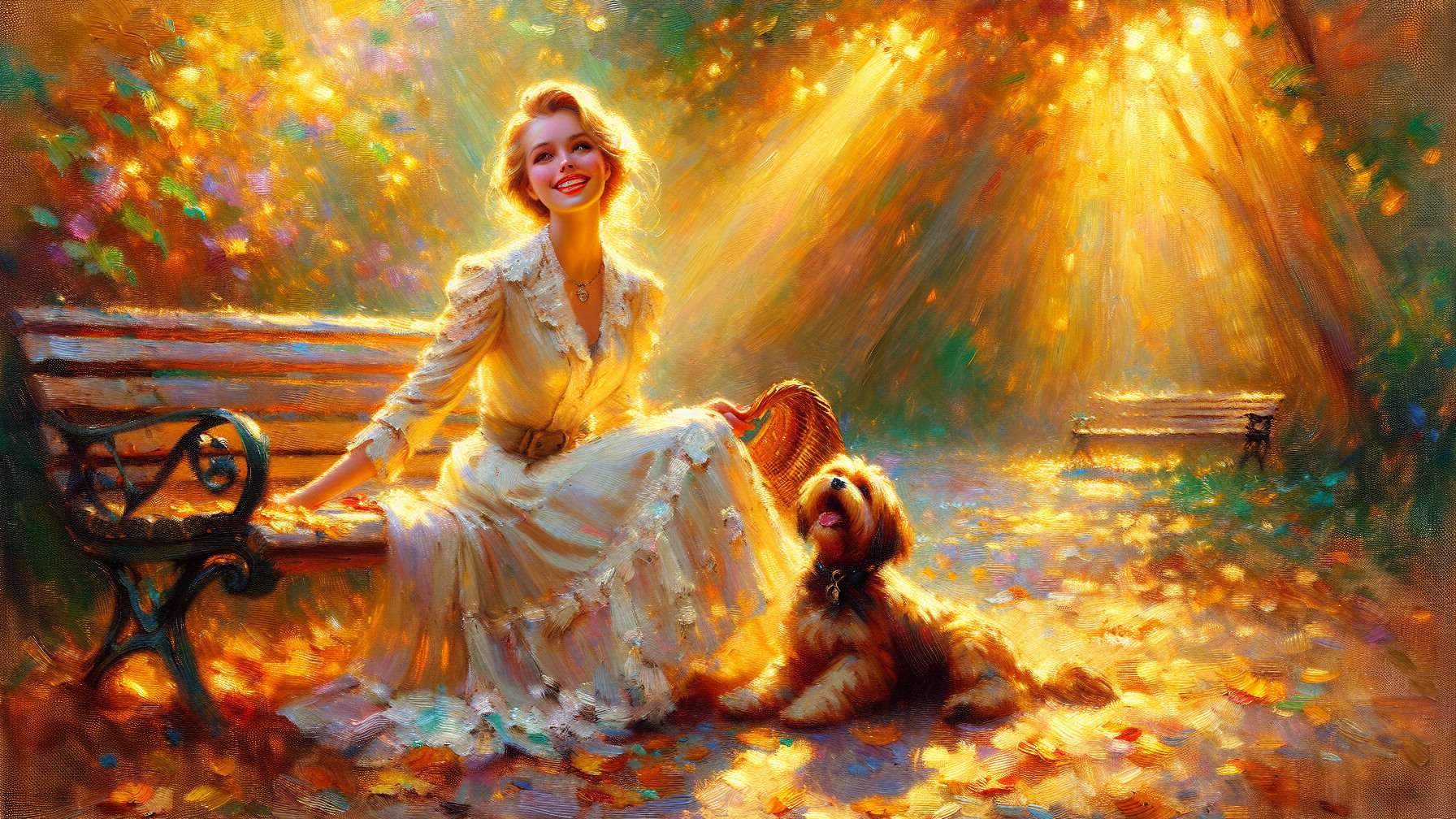 Young Woman in White Dress with Dog in Autumn Park