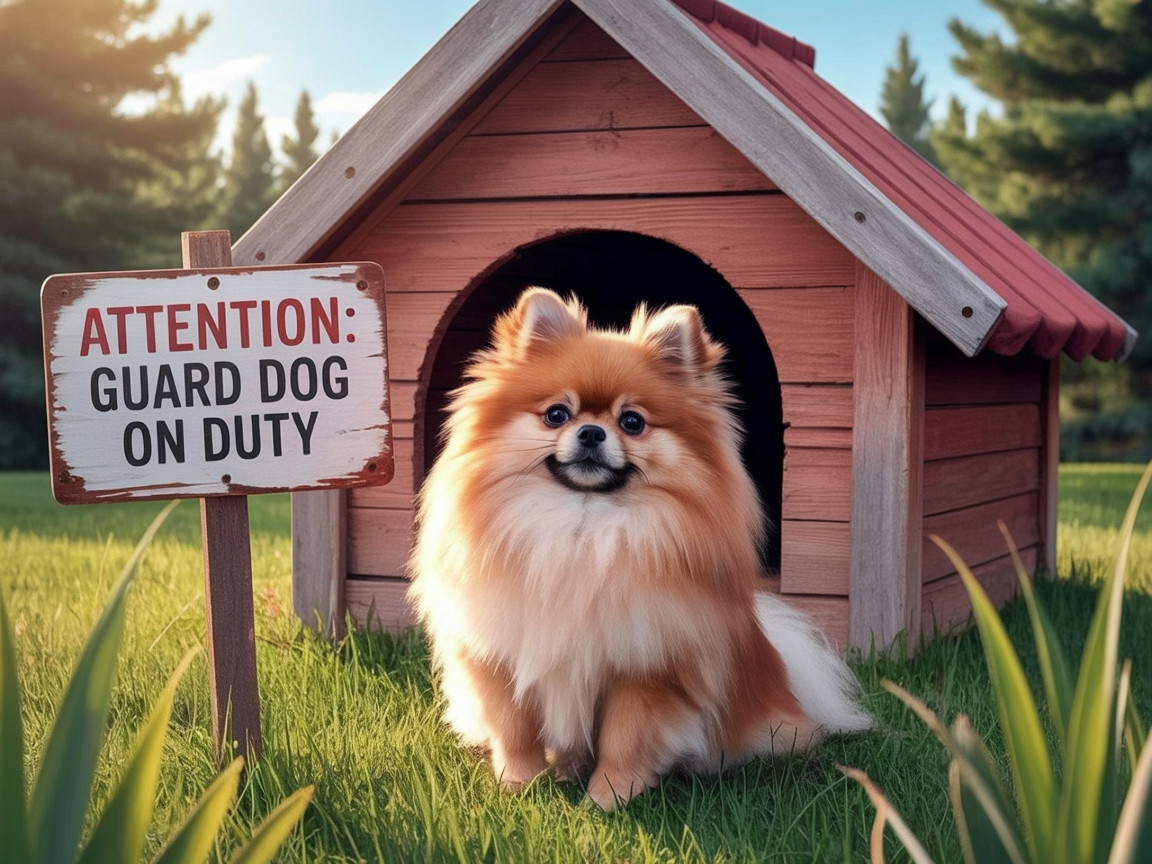 Fluffy Pomeranian by Quaint Wooden Doghouse