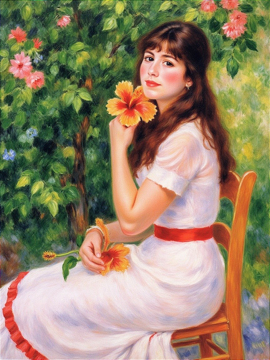 Young Woman in White Dress Surrounded by Colorful Garden