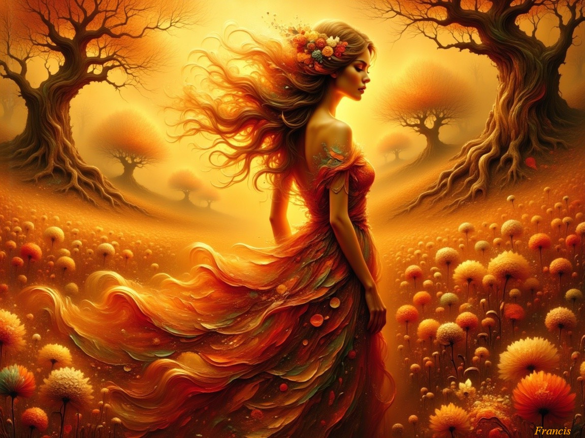 Serene Woman in Golden Autumn Landscape with Glow