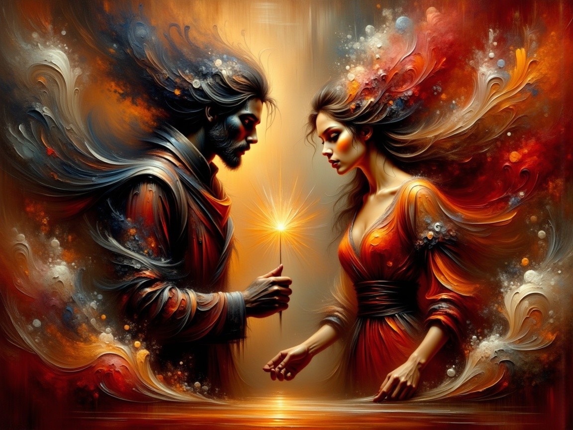 Artwork of a man and woman with vibrant swirling patterns