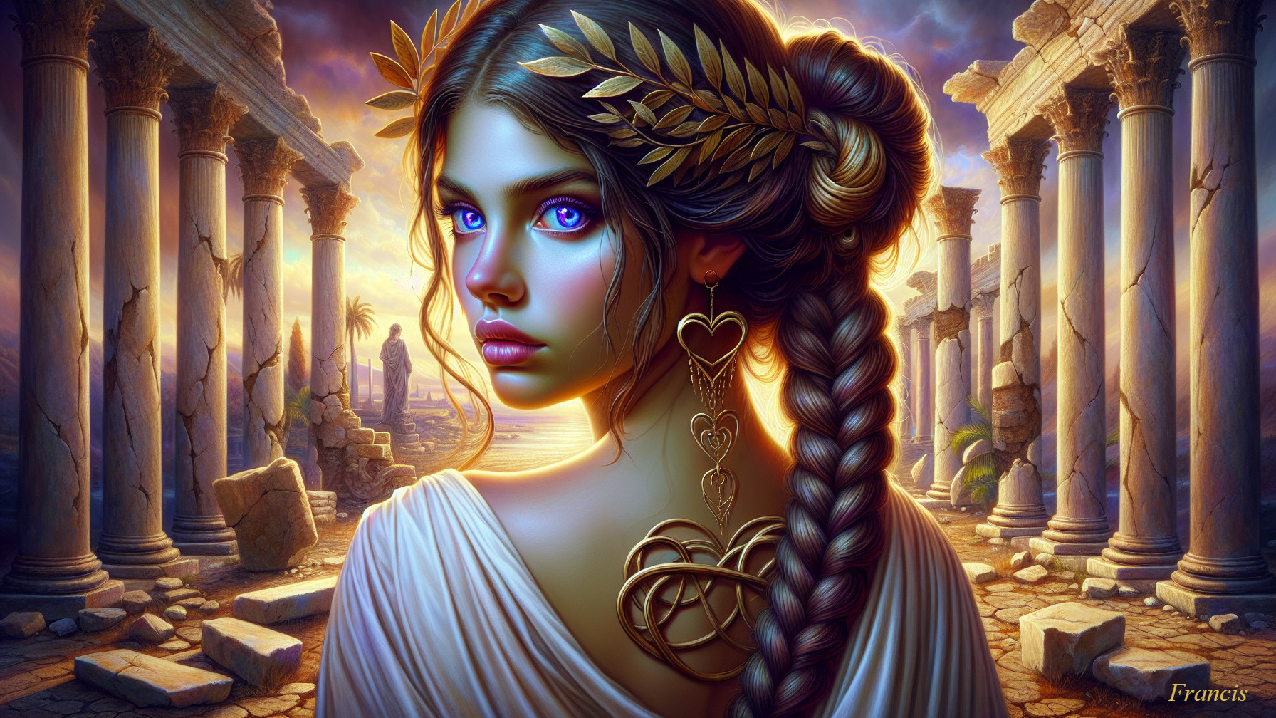Young Woman with Lavender Eyes and Laurel Crown