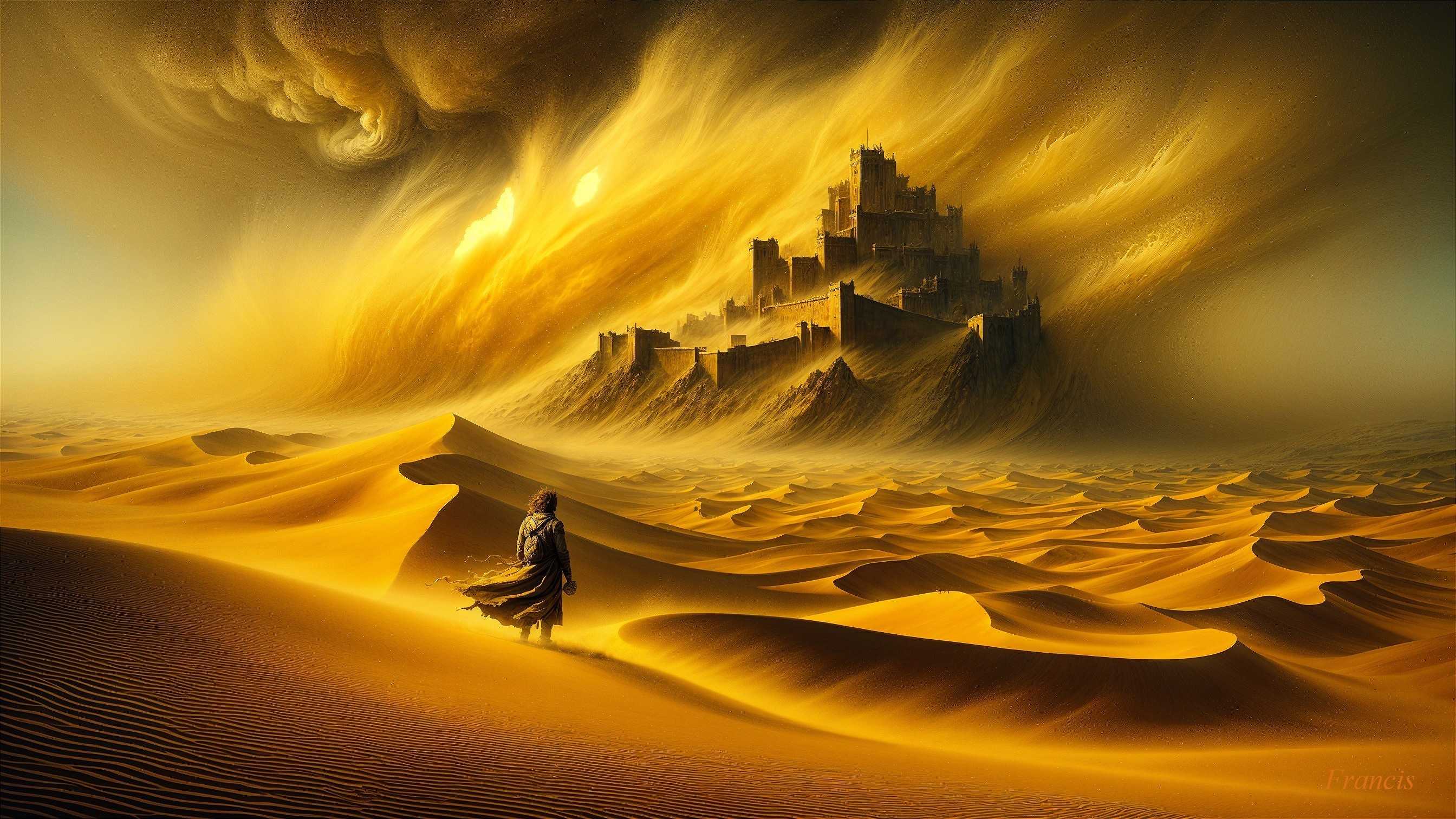 Solitary Figure in Desert with Ancient Castle Backdrop