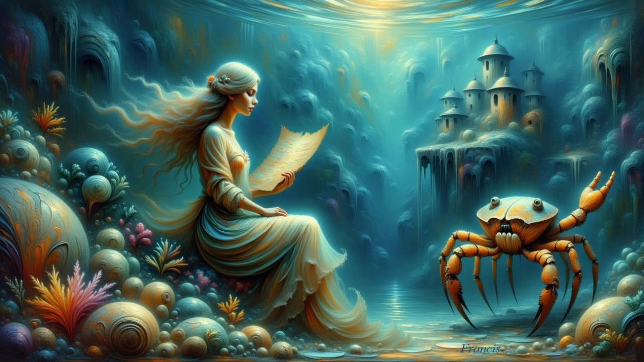 Underwater Scene with Woman, Coral, and Crab