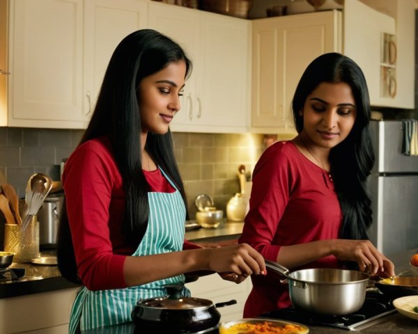 Women Cooking Together in a Modern Kitchen Setting
