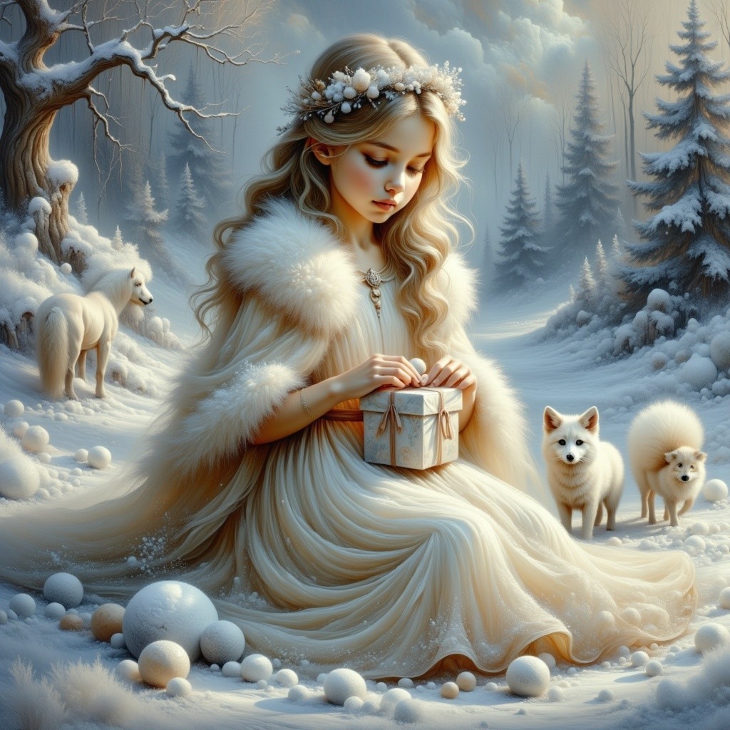 Winter Landscape with Girl, Gift, and Foxes