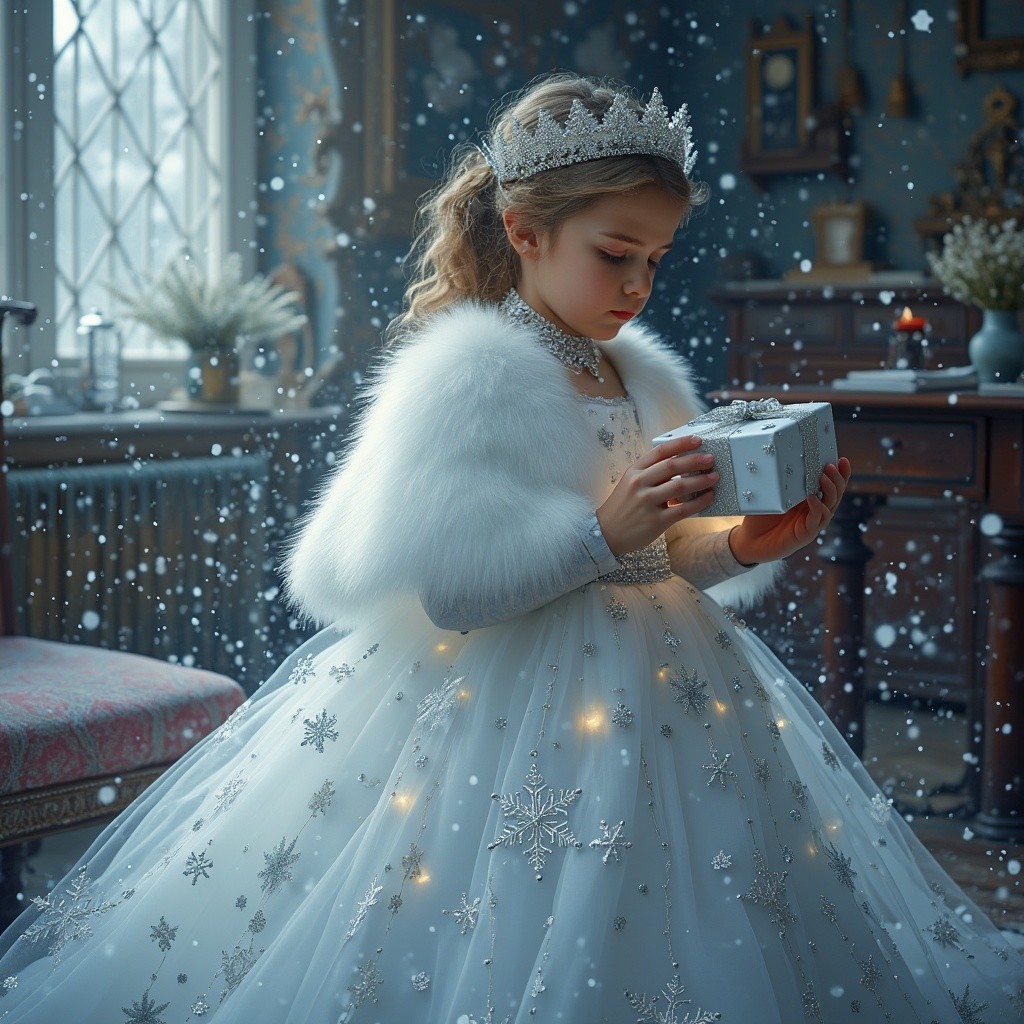 Young girl in white gown with snowflakes and gift