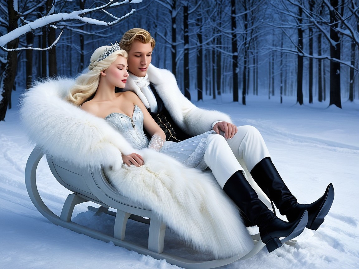Winter Landscape with Couple on Elegant Sled