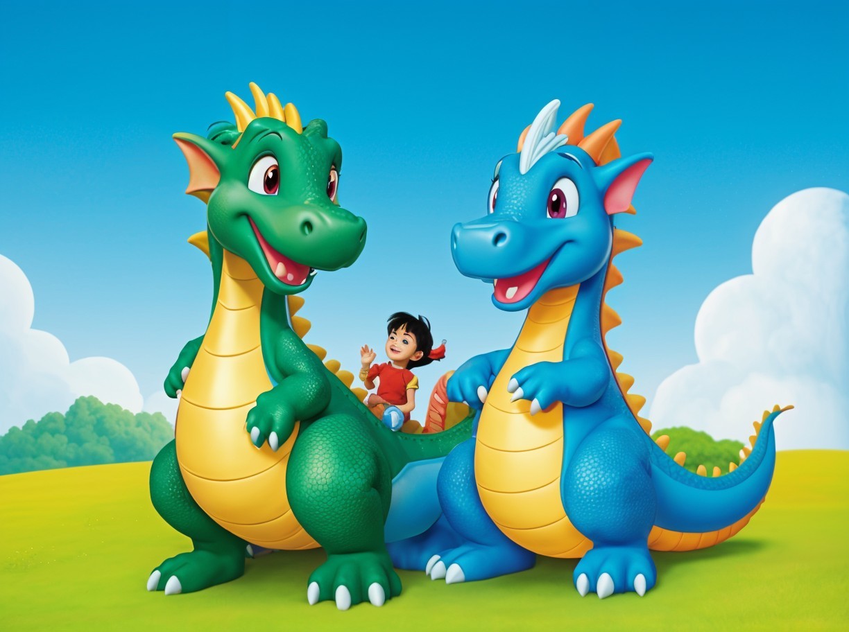 Dragons and Child in a Whimsical Cartoon Landscape