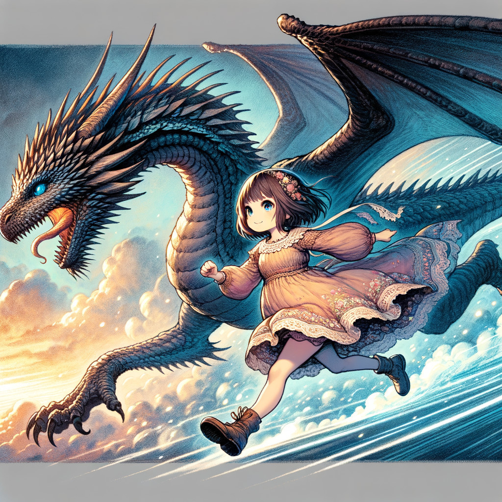 Young girl and dragon in a vibrant sky adventure