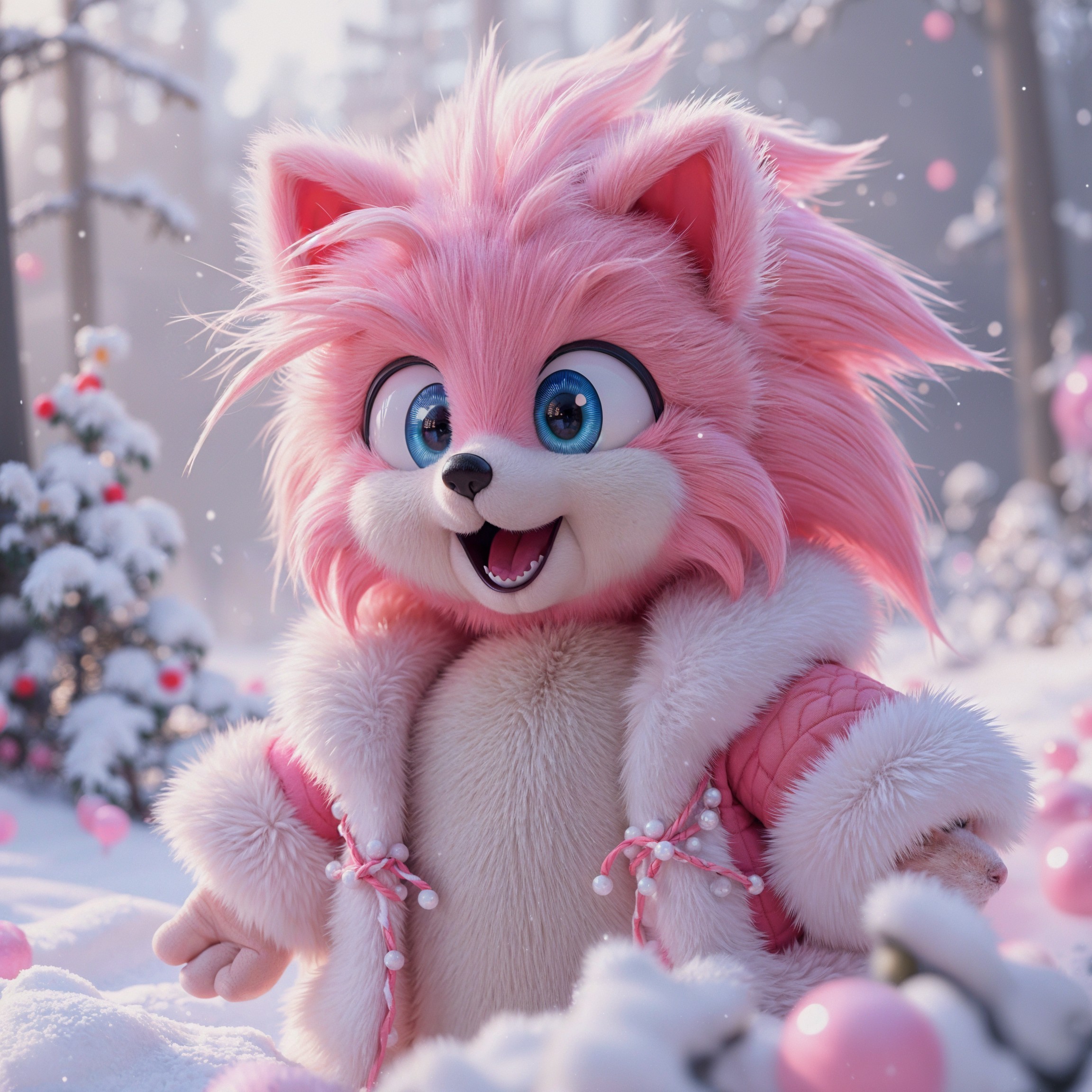 Cartoon Character in Snowy Landscape with Pink Fur