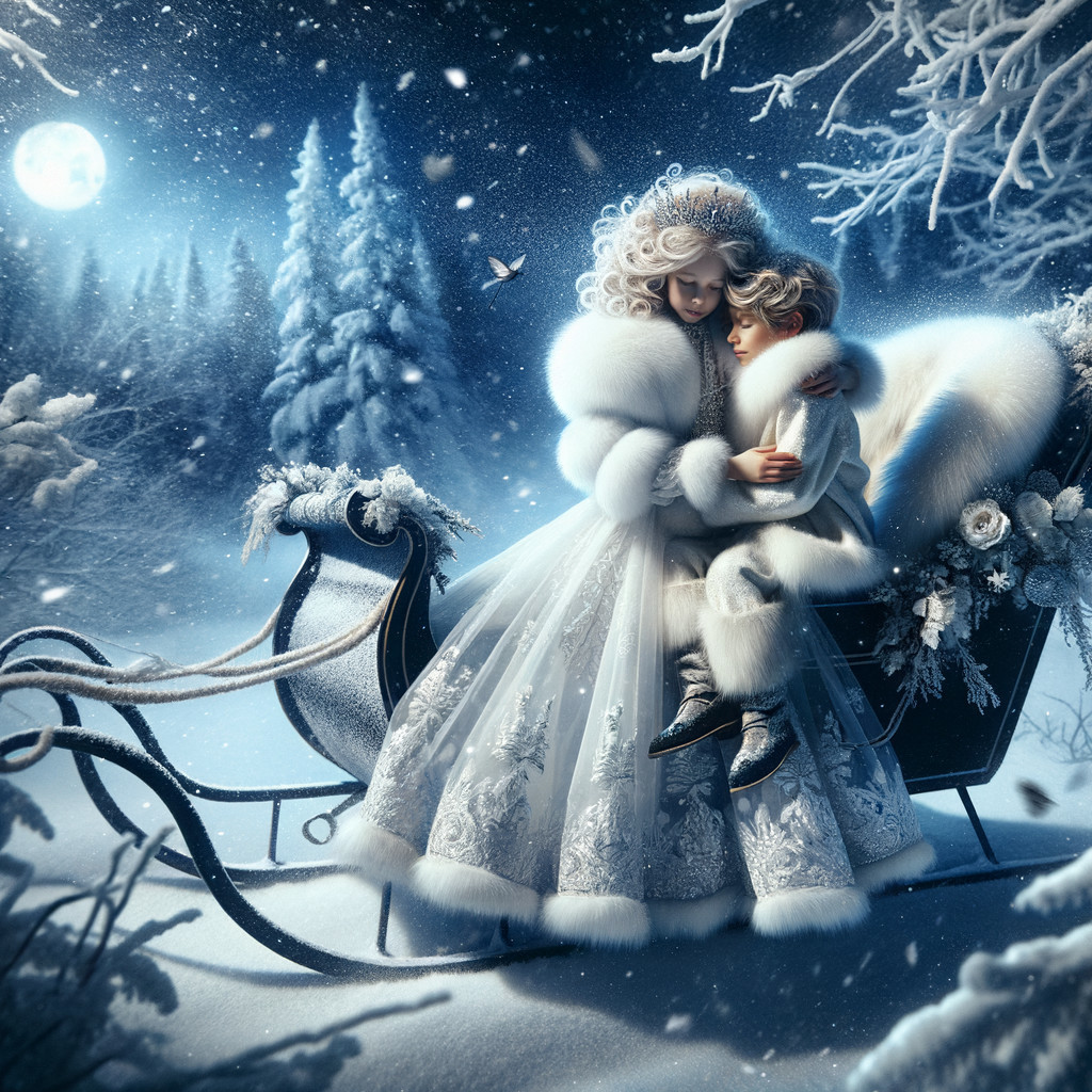 Enchanting Winter Scene with Woman and Child in Sleigh