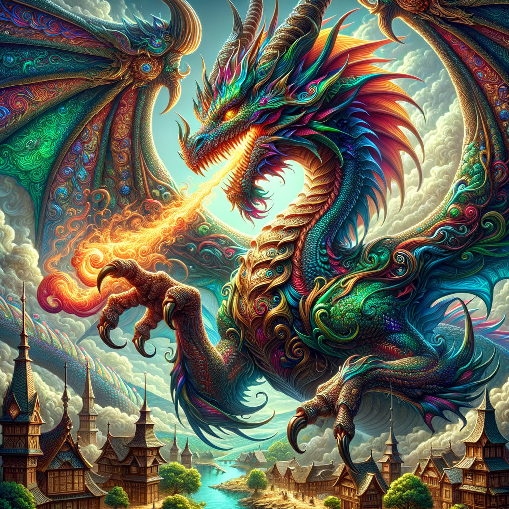 Colorful dragon breathing fire over a serene village