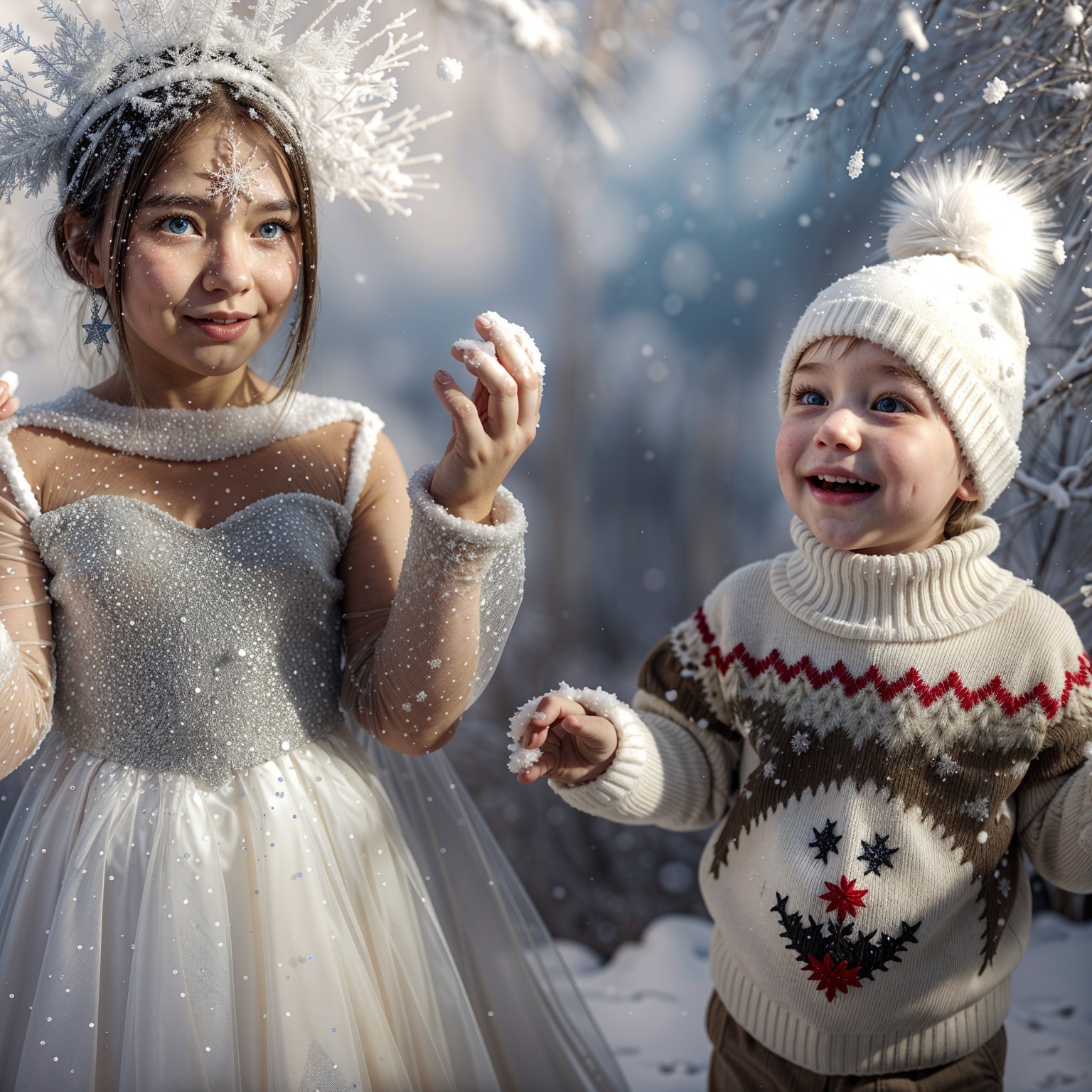 Winter Scene with Children in Festive Attire