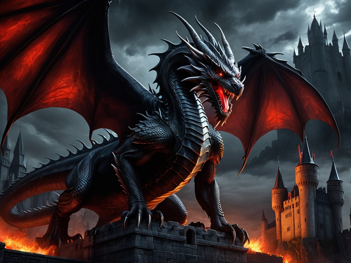 Black Dragon on Castle Wall with Stormy Sky