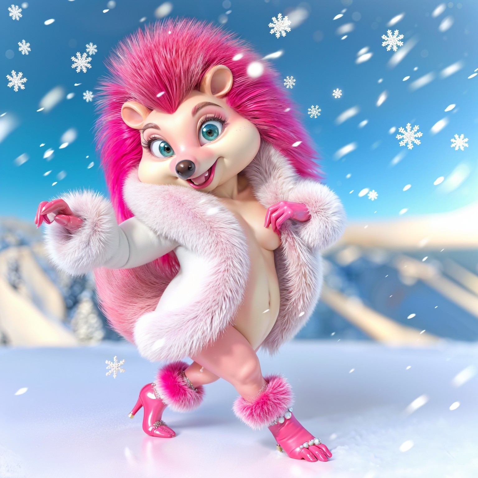 Cartoon Hedgehog Character in Snowy Winter Scene