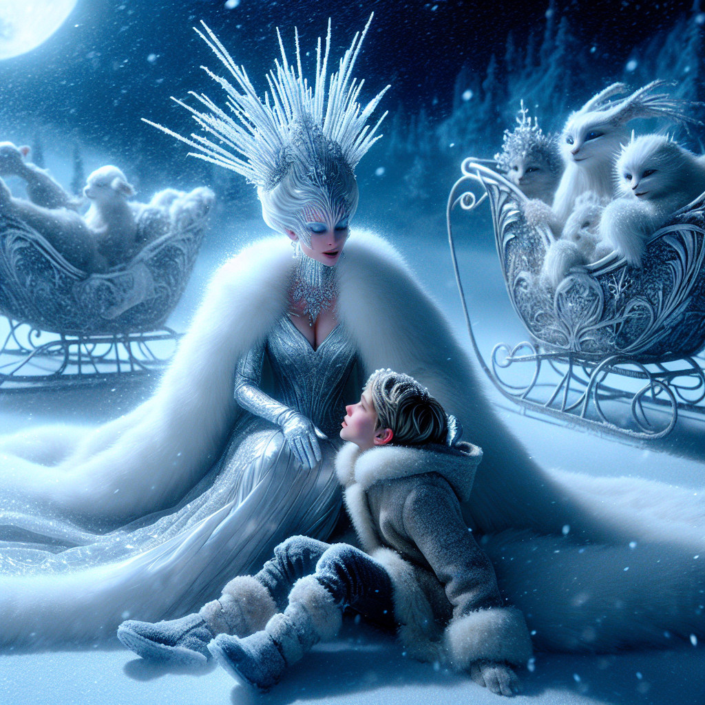 Regal ice queen in winter scene with snow bunnies