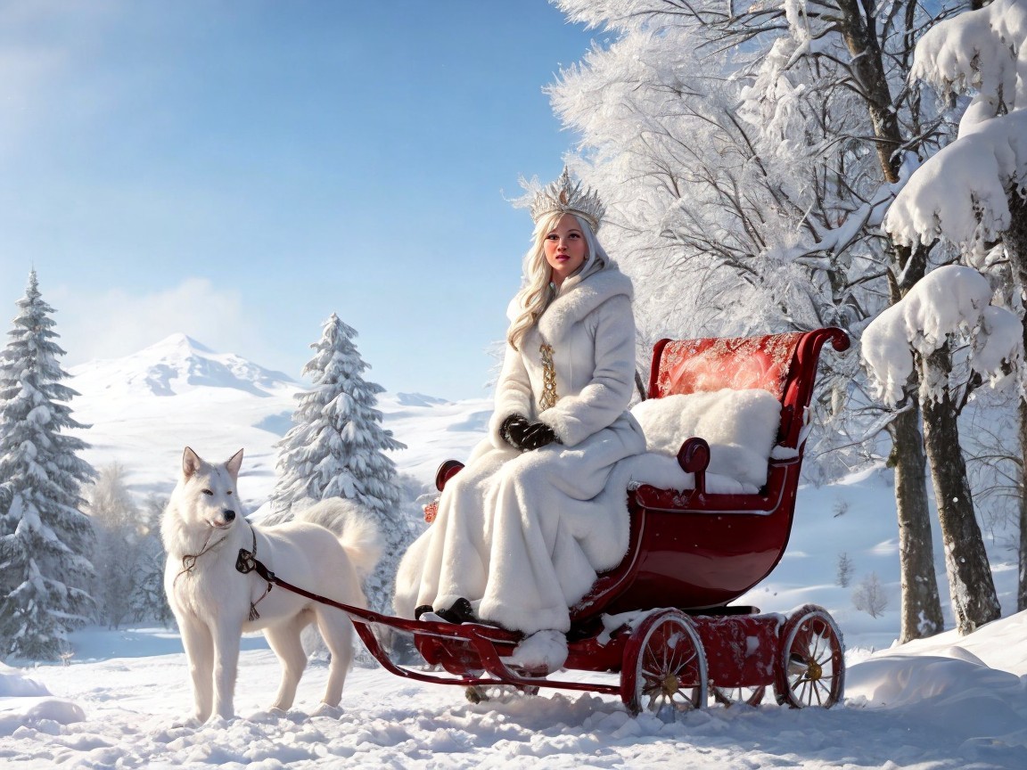 Regal Figure in White Fur Coat in Snowy Landscape
