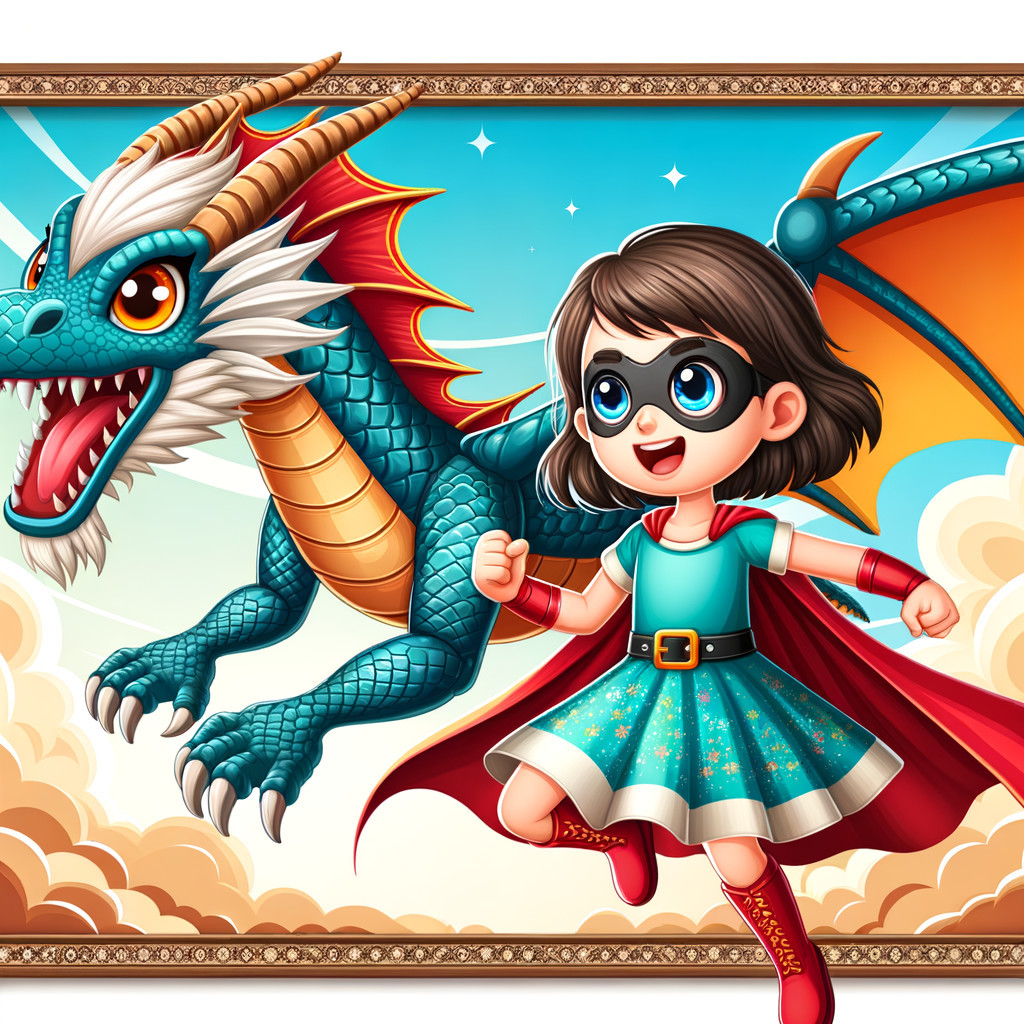 Young girl in superhero outfit with blue dragon