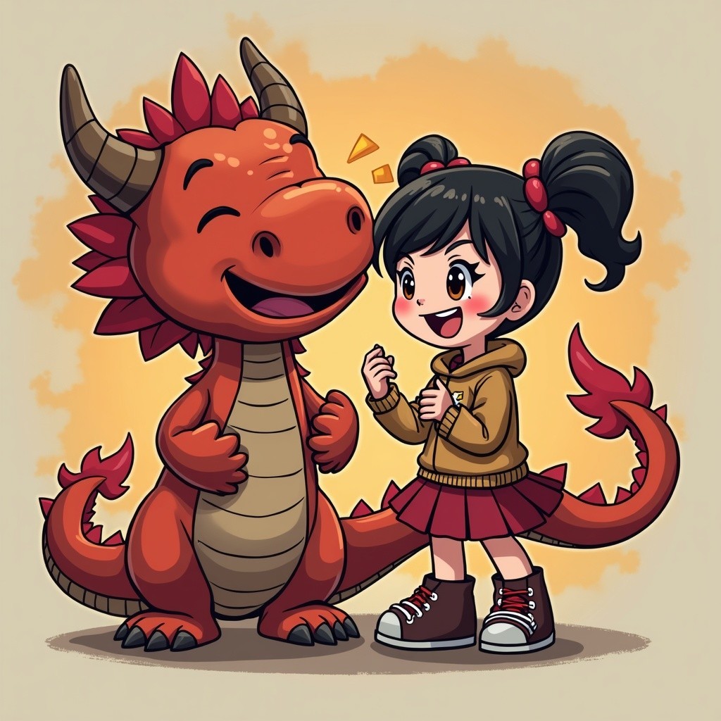 Cheerful girl interacts with friendly cartoon red dragon