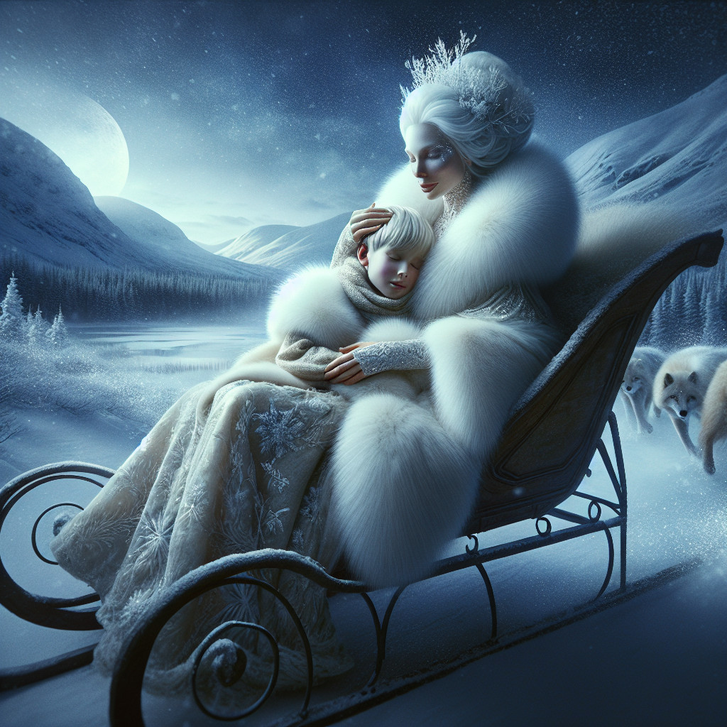 Regal Woman and Child in a Snowy Winter Scene