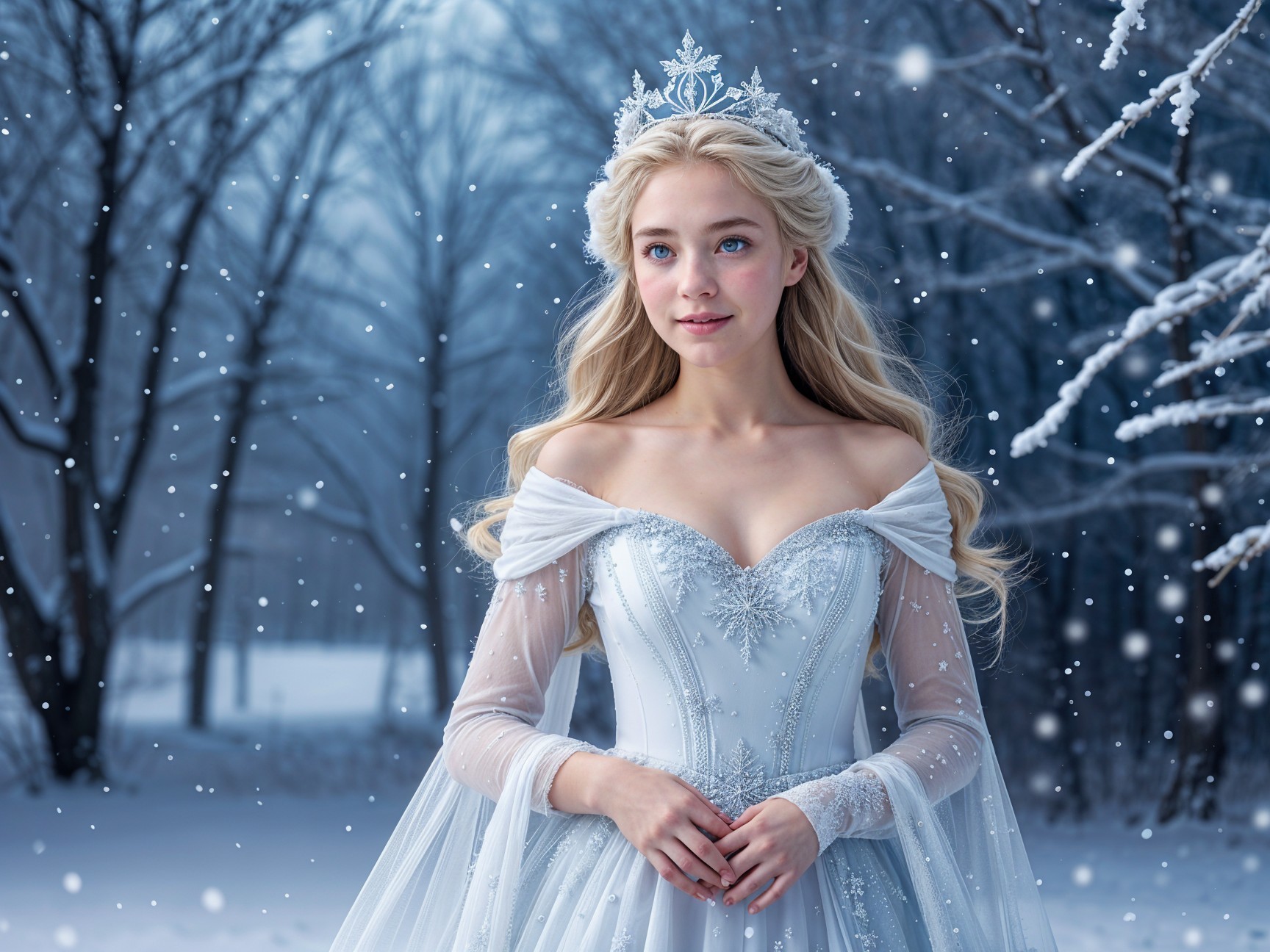 Young Woman in Ice-Blue Gown in Snowy Forest