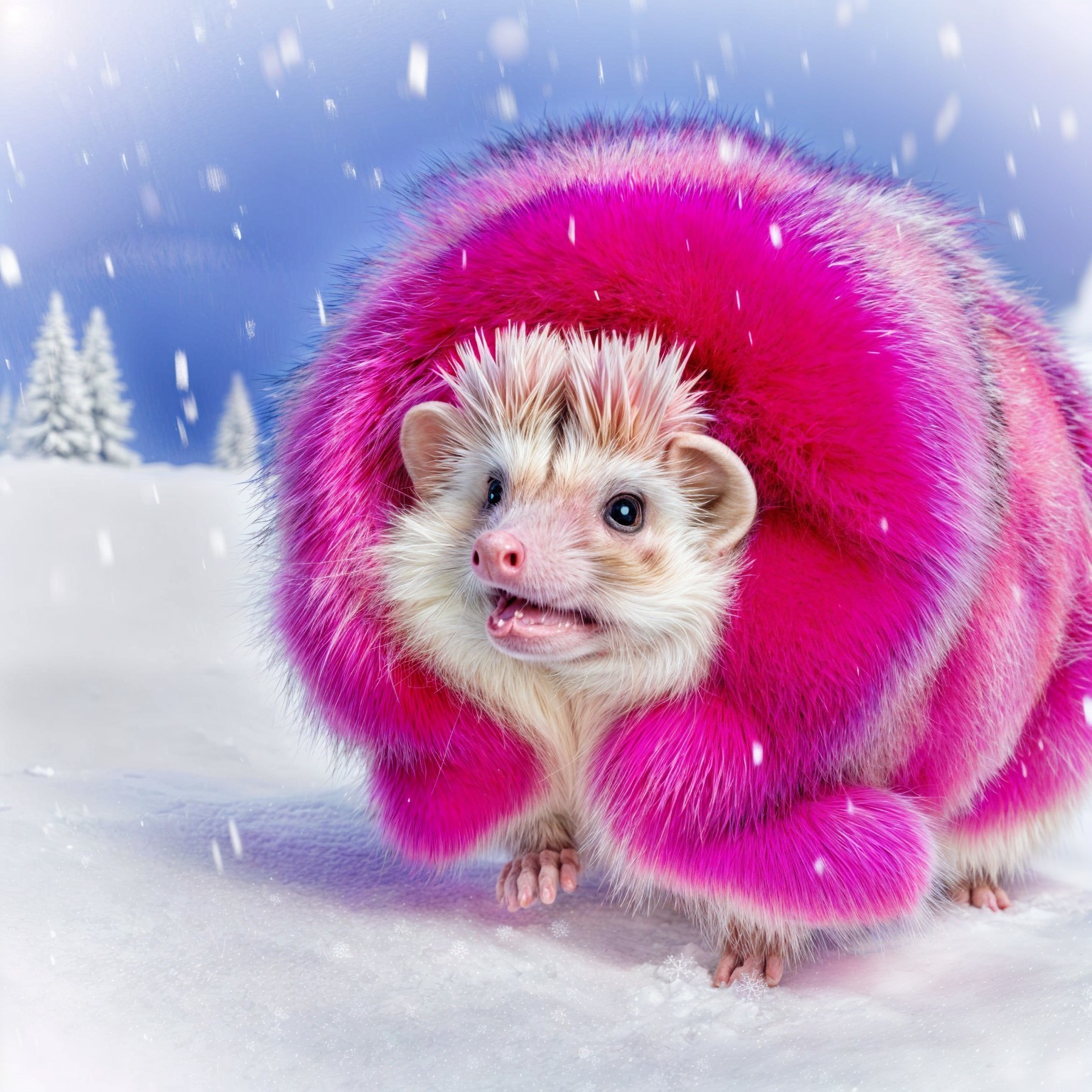 Whimsical Hedgehog in Snowy Landscape with Fur Coat