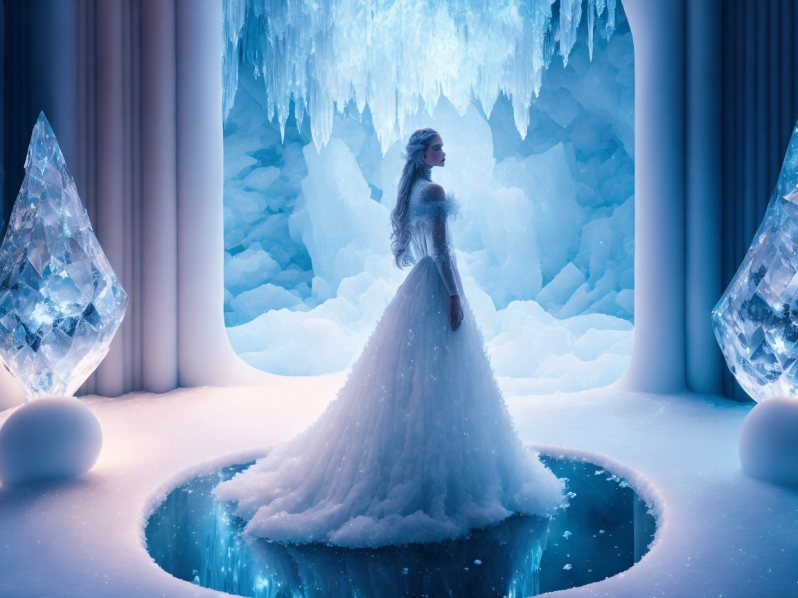 Graceful figure in icy realm with shimmering gown