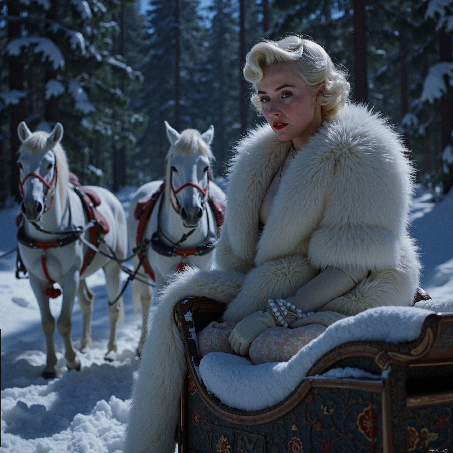 Glamorous Woman in Snowy Landscape with Horses