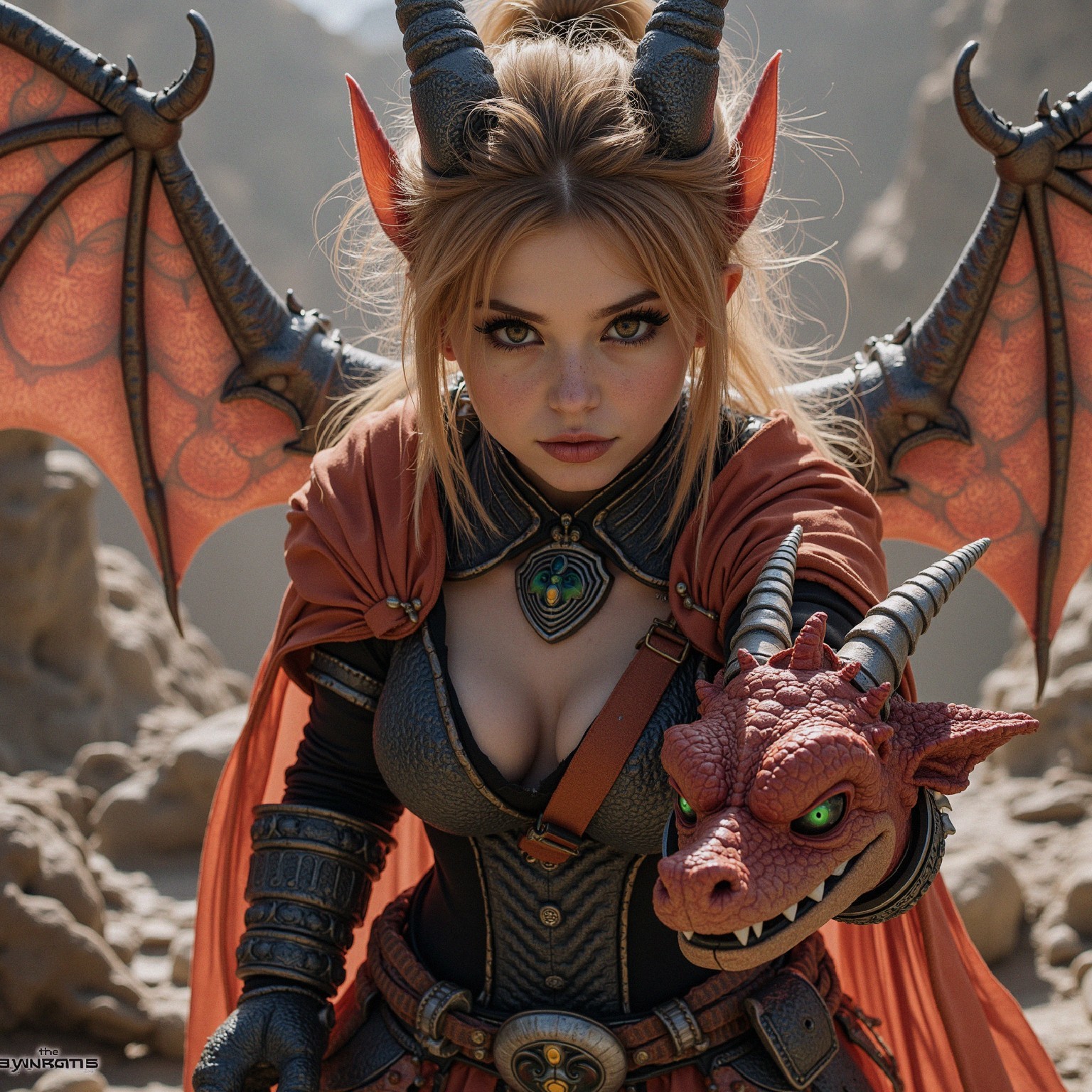 Fierce Fantasy Character in Rugged Landscape with Dragon