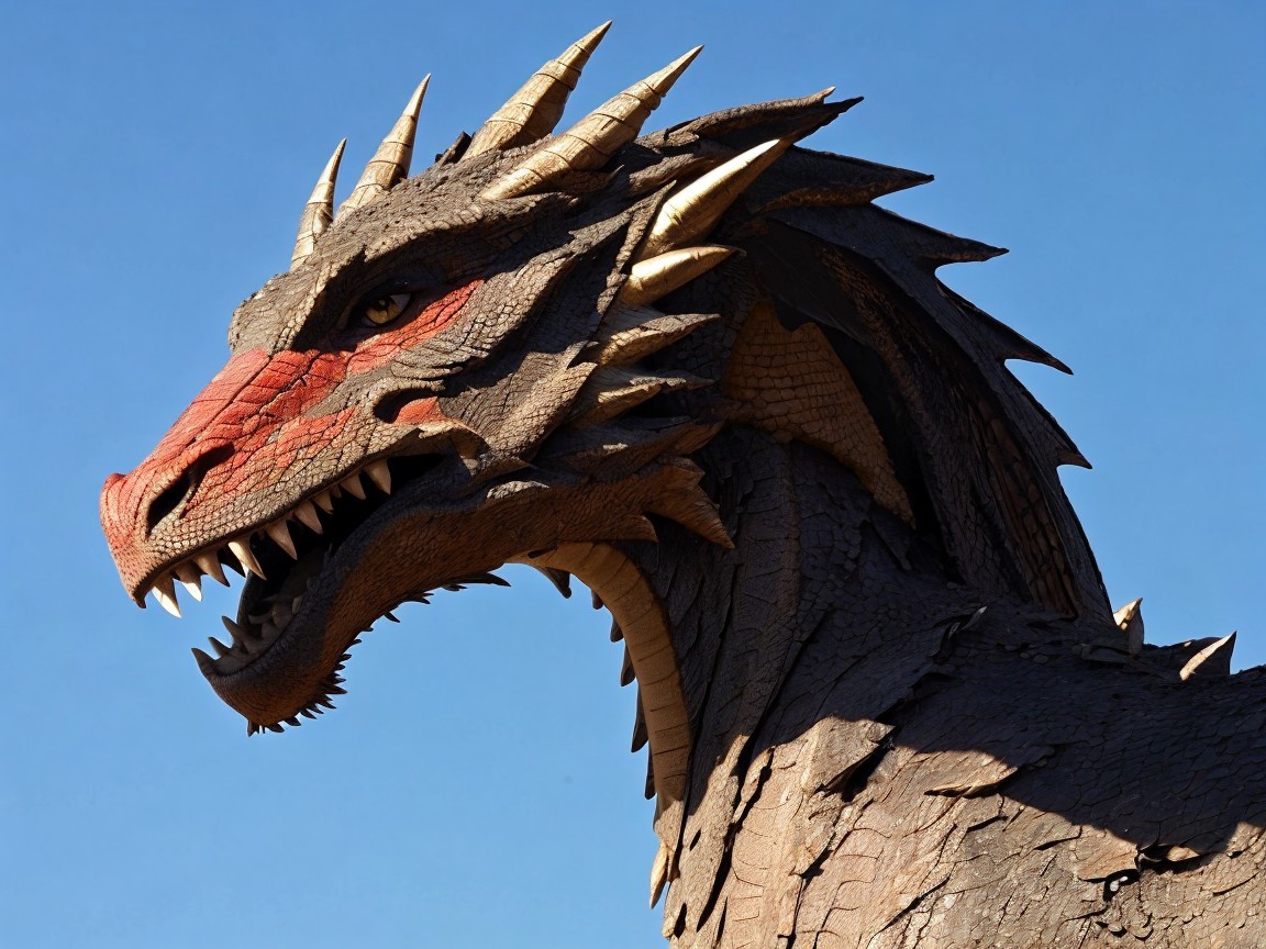 Majestic dragon with fierce profile against blue sky