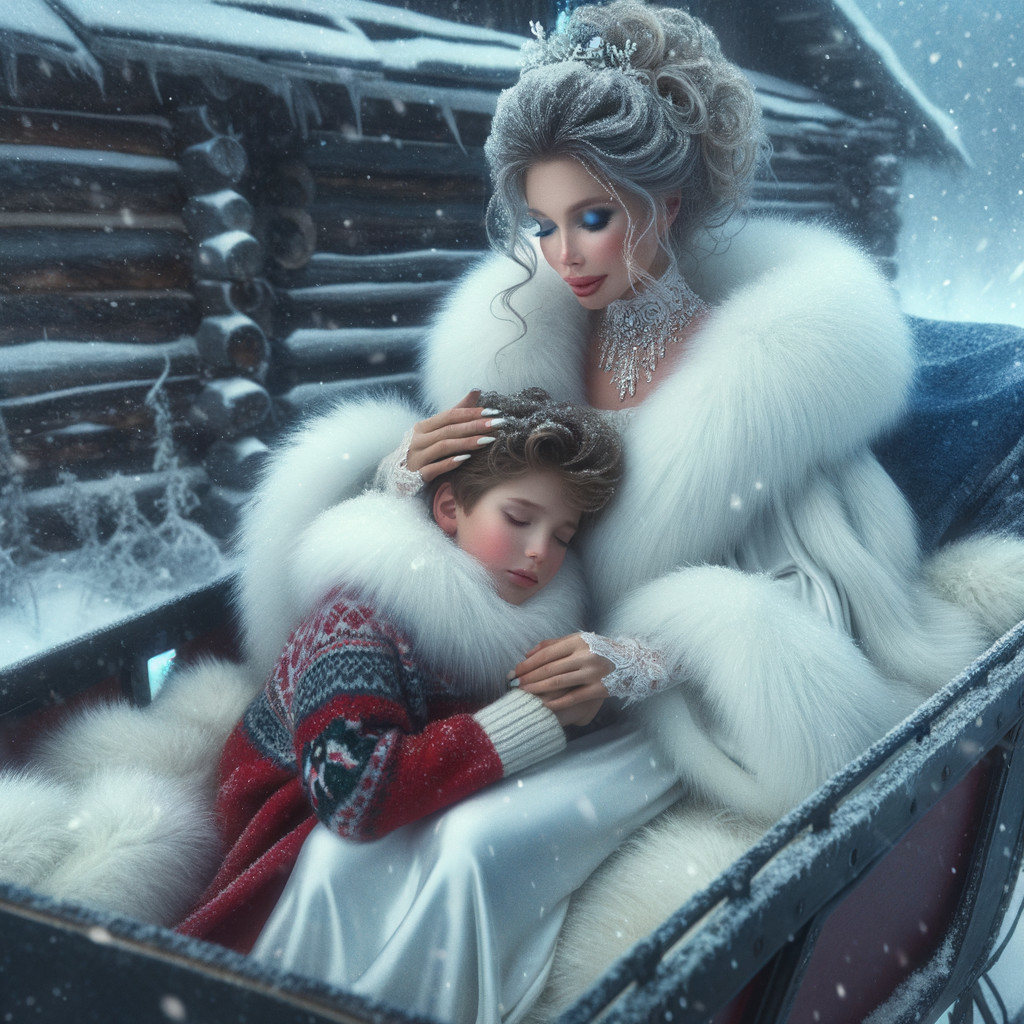 Winter Scene with Woman in Fur Coat and Sleeping Boy