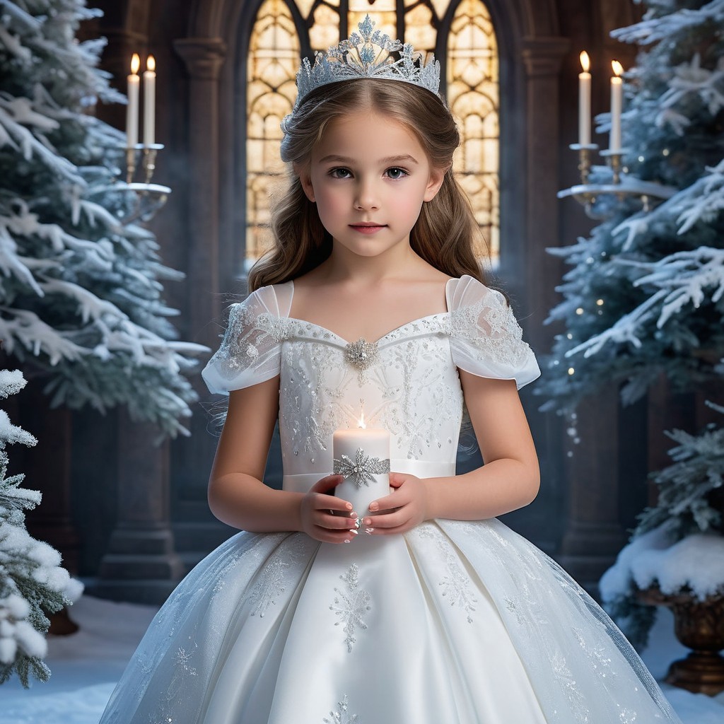 Young girl in white gown in snowy enchanted setting