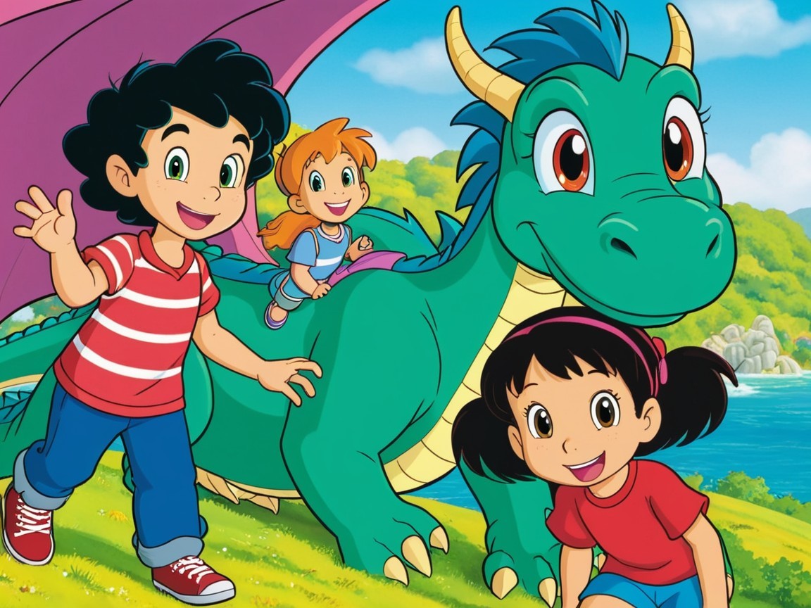 Colorful Scene of Children and Friendly Green Dragon