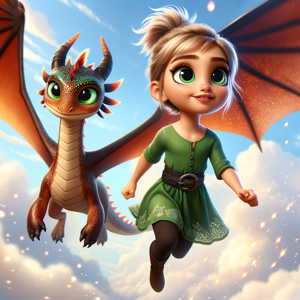Young girl and friendly dragon flying in blue sky