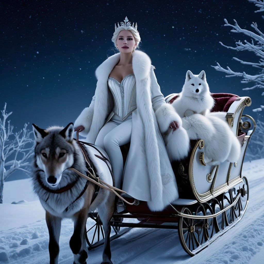 Regal Figure in White Gown in Snowy Landscape